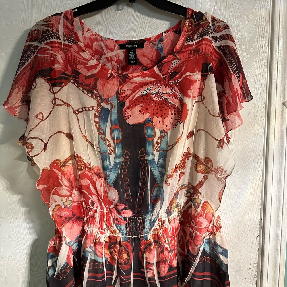 Style & Co. Asymmetrical Blouse Red and Cream Cap Sleeve